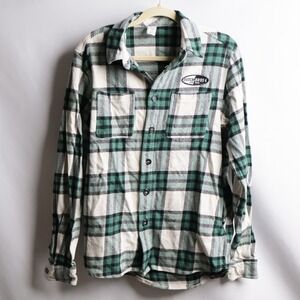 Dutch Bros Coffee Green White‎ Plaid Flannel Button Down Shirt Mens Large